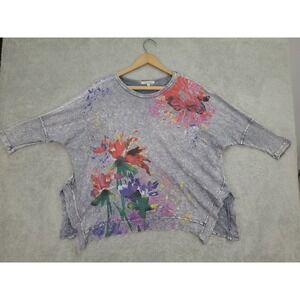 Jess & Jane Women's Floral Print Top Gray Oversized Slit Hem Size L‎ Artsy